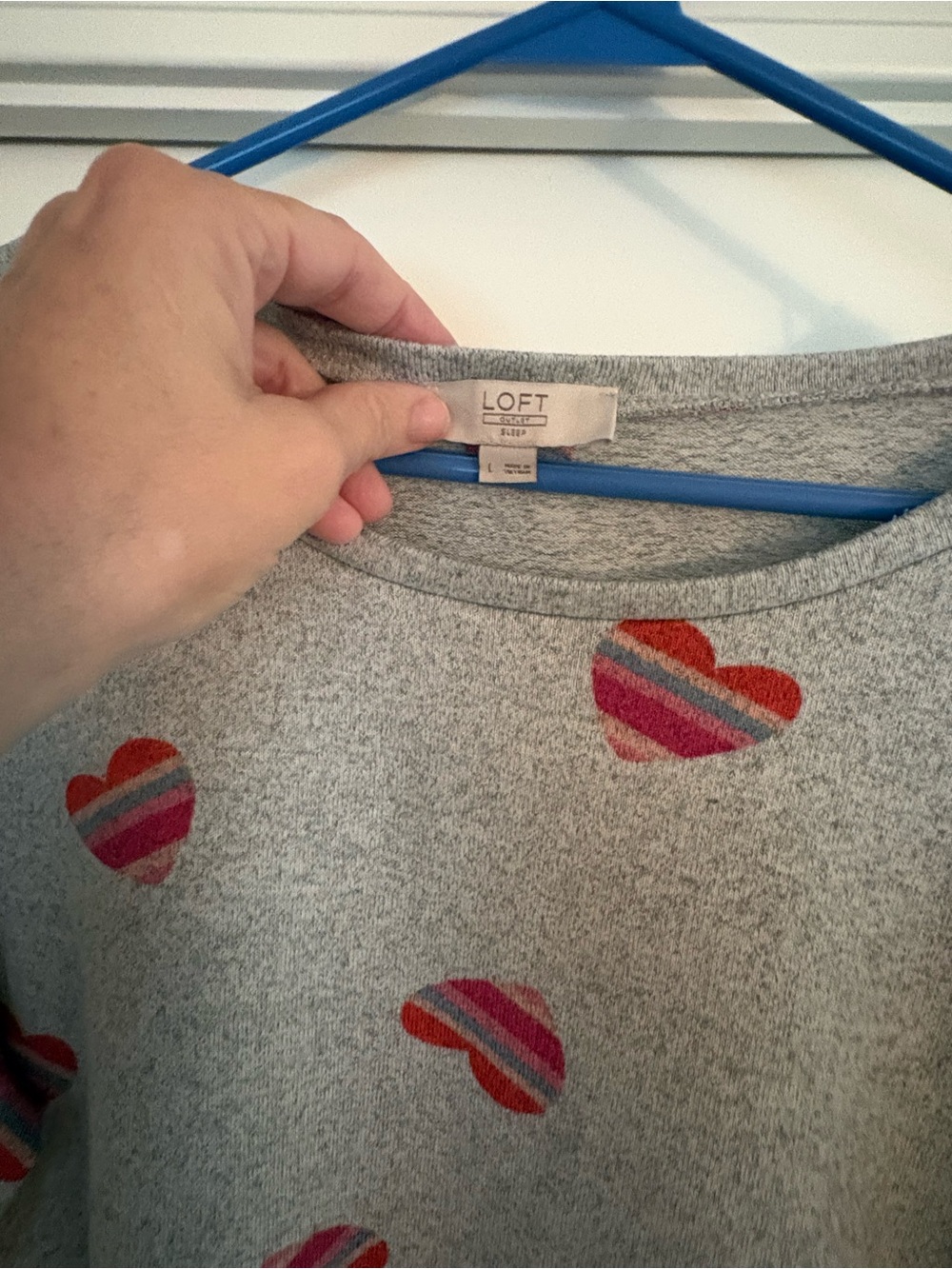LOFT Gray Crewneck Sweater with Pink & Red Striped Hearts - Picture 2 of 3